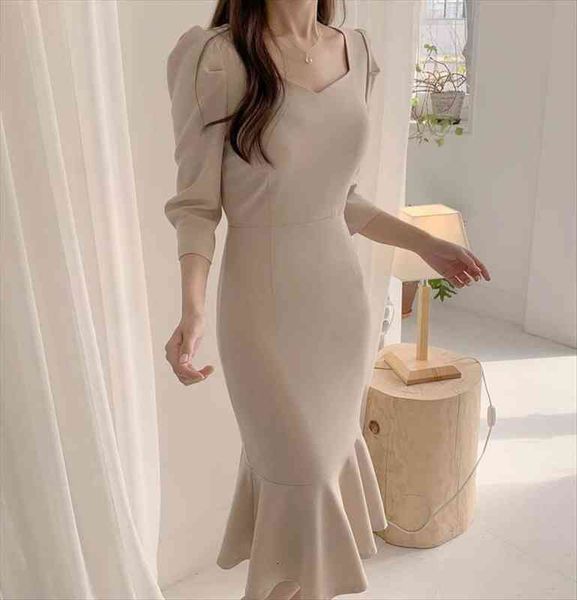 

vestido de mujer korean women dresses chic elegant autumn slim high waist square collar long sleeve mermaid robe femme solid, Black;gray