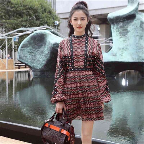 

casual dresses striped dress women long sleeve front diamond inlay female elegant print pleated midi autumn vestidos vqxd, Black;gray