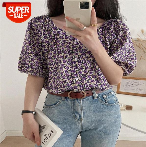 

010268 retro puff sleeve floral shirt square neck leaky clavicle single breasted women trendy #ic6y, Black;gray