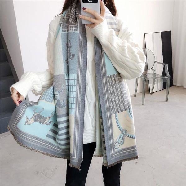 

winter scarf lady fashion shawl horse print blanket women foulard warm cashmere thick wraps pashmina female bandana scarves, Blue;gray