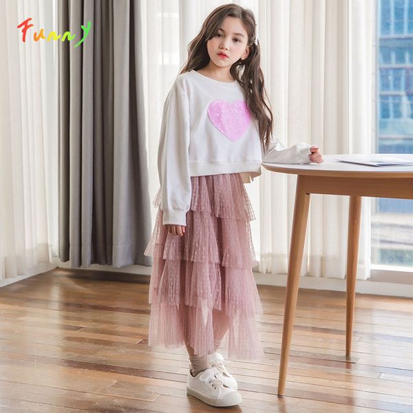 

fashion girl clothes polka dot girls pink tutu skirts + sweatshirts two piece kids clothing set autumn outfits for teenage 4-14y, White