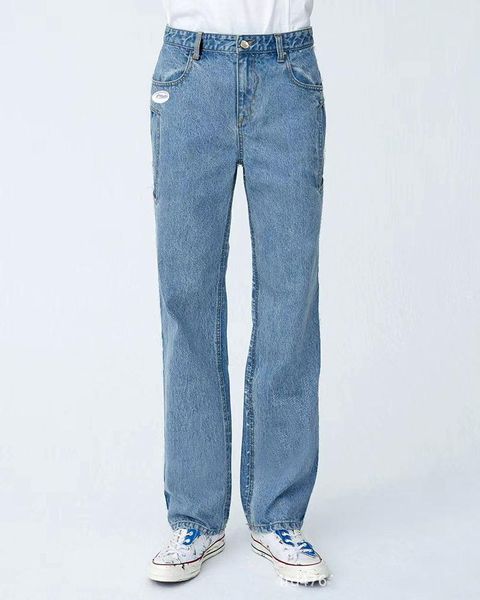 

the same four seasons men's straight sports jeans women's loose casual plastic side design classic trousers, Blue