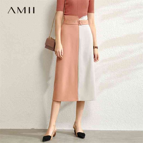 

minimalism summer autumn fashion spliced aline women skirt causal belt calf-length female 12030055 210527, Black