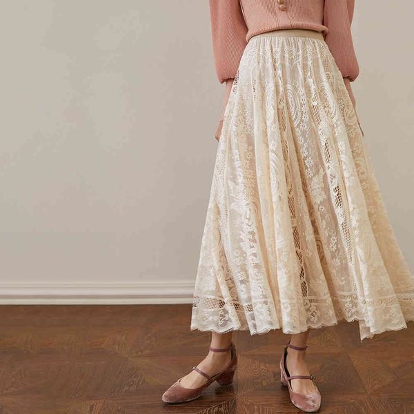 

blazers elastic high waist lace womens spring 2021 new korean elegant casual beige/black long skirt female jarquard maxi skirts