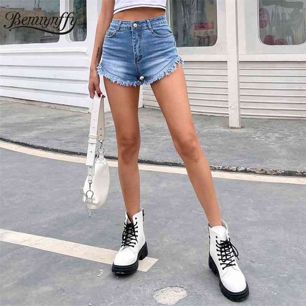 Sexy hem crua lavado shorts shorts mulheres moda verão casual streetwear senhoras cintura alta sólida slim jean 210510