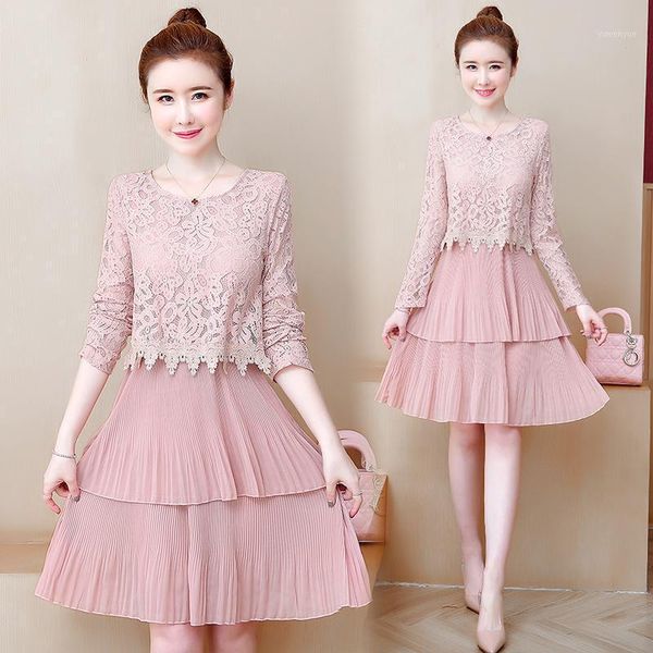 

casual dresses pink plus size vestidos female spring 2021 lace chiffon stitching natural long-sleeved sweet pleated ruffled dress d267, Black;gray