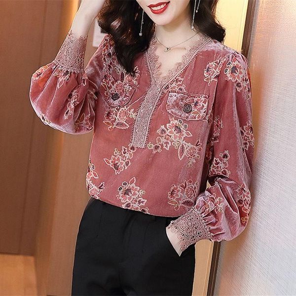 

women blouses womens spring autumn style shirt printed long sleeve v neck loose vintage pleuche dd9107, White