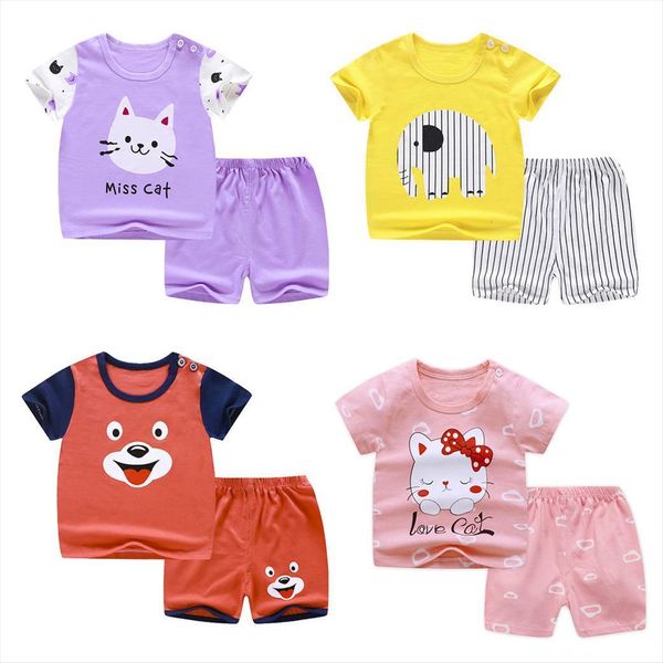 

summer 1 6 years old baby clothing set short sleeve cotton clothes cartoon animal pyjamas pijamas sleepwear outfits, White