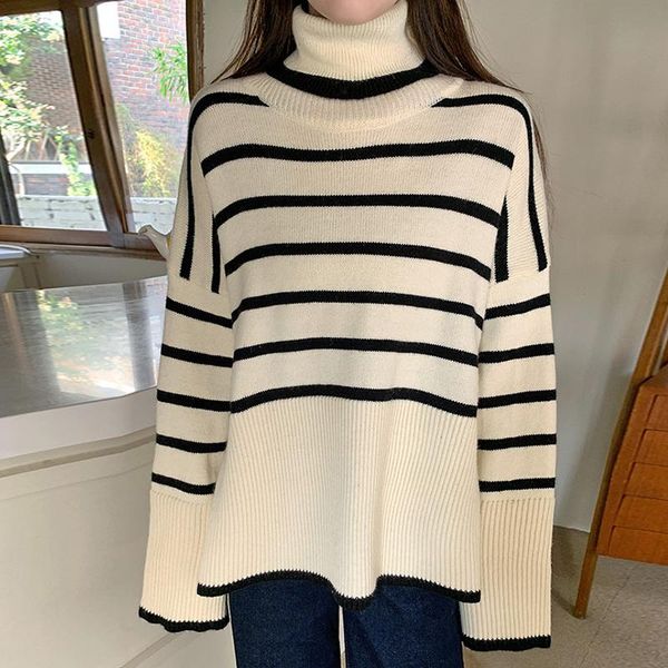 

women's sweaters [qwe] korean long pullover knitted sweater autumn winter 2021 turtleneck contrast color collar striped warm women clot, White;black