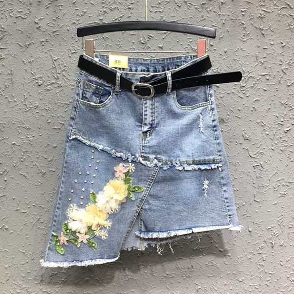 

skirts summer women high waisted appliques tassel irregular denim skirt , korean spring rhinestone jeans for woman clothes, Black