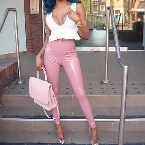 

women's pants & capris female pu leather skinny elastic high waist lady slim pencil casual solid color ankle length chaparajos 5932, Black;white