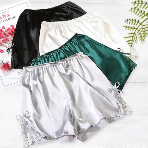 

women's leggings summer solid lace safety short home sleep bottoms women under briefs slips ice silk pants, Black