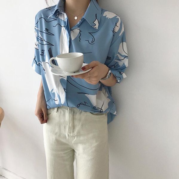 

spring women blouses summer womens korean loose cap sleeve harajuku personality graffiti printed short sleeved shirt, White