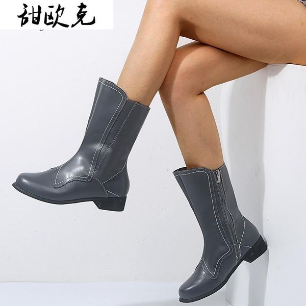 

boots 2021 winter women's round head side zipper embroidered low heel women mujer and calf square shoes, Black
