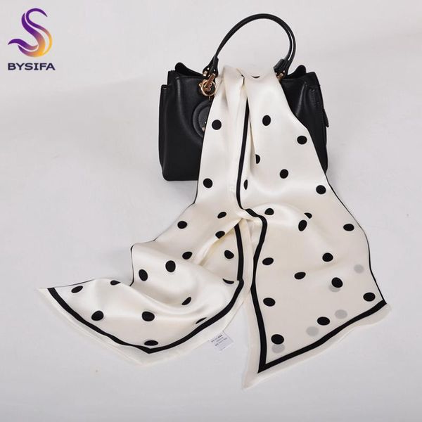 

scarves [bysifa] black white pollka dot silk scarf fashion women long headscarve 100% spring fall neck 155*16cm, Blue;gray