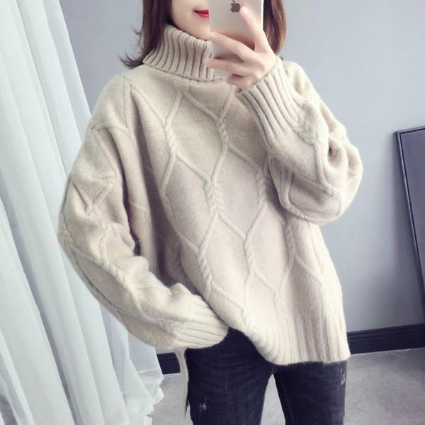 

women's sweaters woman turtleneck solid sweater autumn winter thicken oversized pullover warm o neck knitting soft beige female jumper, White;black