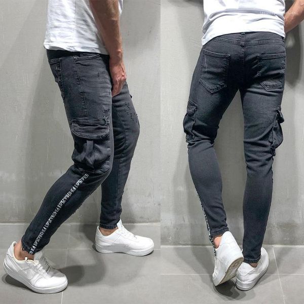 

men's jeans pencil pants spring autumn big pockets designer striped letters zipper biker men black ripped, Blue