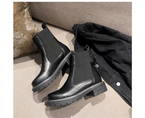 

boots leather black elastic band 2021 fashion joker women's comfortable wear-resistant non-slip rubber bottom