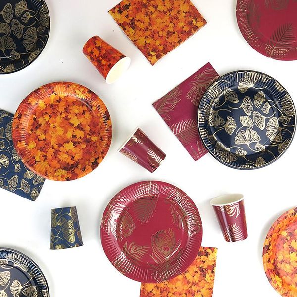 

disposable dinnerware palm leaf tableware gilding ginkgo biloba paper plates cups hawaii wedding party kids birthday supplies decor