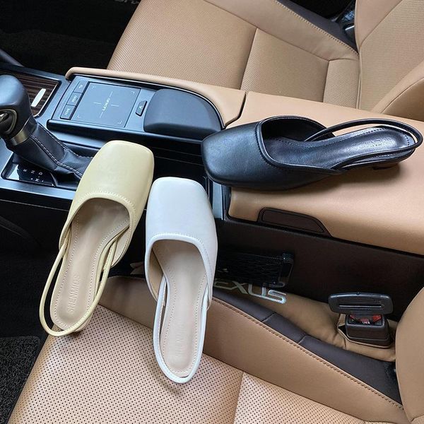 

sandals wood heels square toe women slippers ins genuine leather summer shoes woman mules slip on back strap cover sandalias, Black
