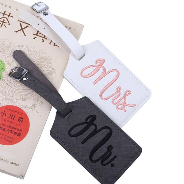 

dhl60pcs luggage tags travel accessories personal style mr&mrs embroidery printing pu suitcase id addres holder, Black