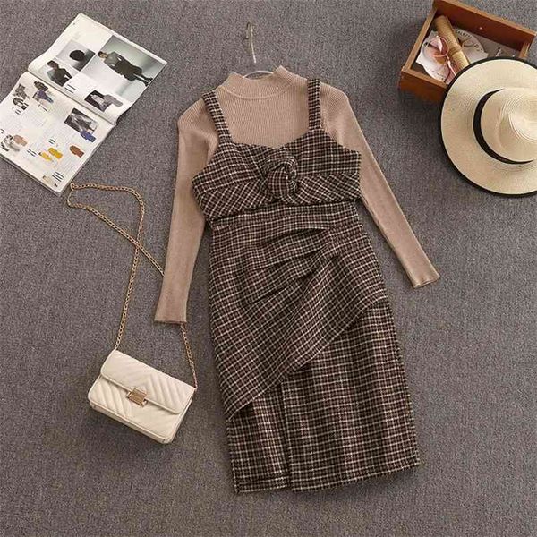 

autumn winter streetwear two piece set women knitted pullover sweater + knee-length dress suits korean elegant 2 210514, White