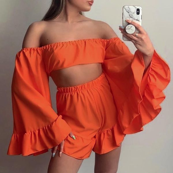 

women's tracksuits kayotuas women 2pcs office ladies formal work business flare long sleeve off-the-shoulder short +ruffles loose pants, Gray