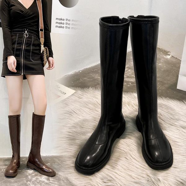 

boots women's autumn and winter 2021 korean round head fashion zipper high barrel simple medium heel thin, Black