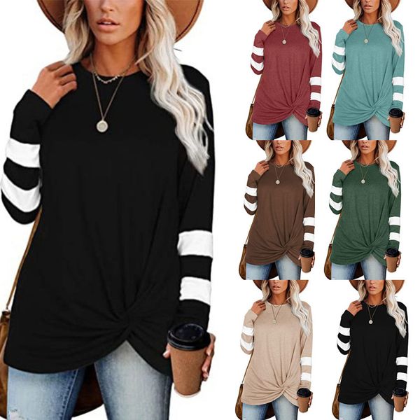 

aw2021 women's t-shirt round neck color blocking long sve casual kink top, White