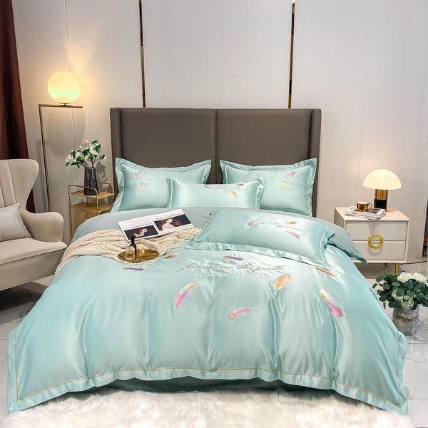 

bedding sets luxury water green set colored feathers duvet cover washed silk/cotton right angle sheet double bed home textile