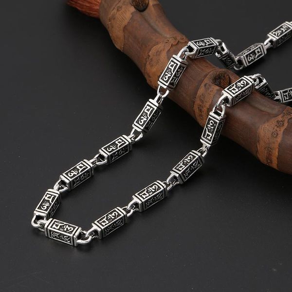 

chains handmade retro six-character mantra square barrel bead stitching men's necklace trendy silver personalized