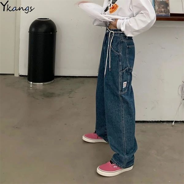 

baggy streetwear harajuku wide leg cargo pockets jeans women casual high waist goth aesthetic korean punk denim trousers female 210924, Blue