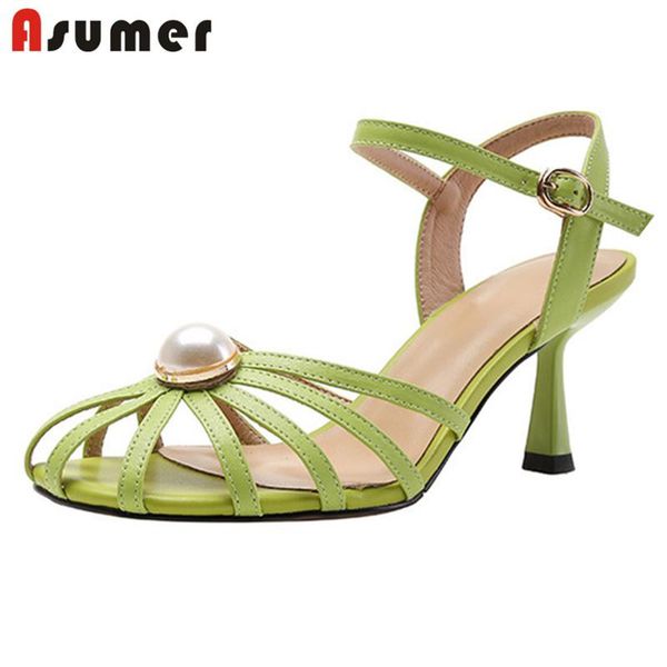 

sandals asumer 2021 thin high heels women shoes genuine leather hollow out pearl buckle party lady, Black