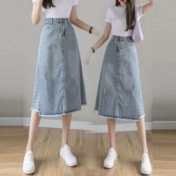 

skirts denim skirt women's 2021 spring and autumn mid length high waist a-line versatile irregular one-step, Black