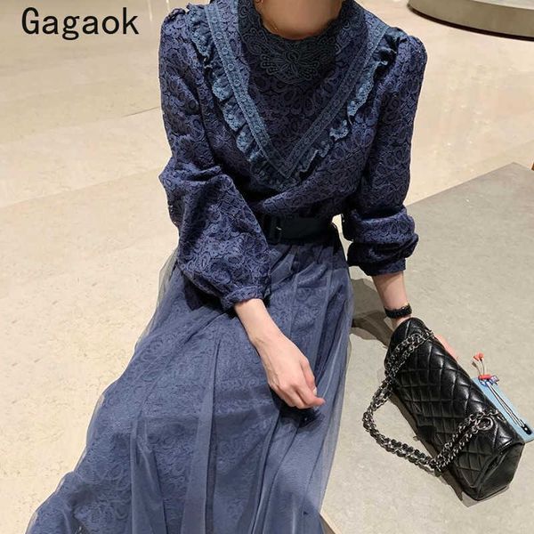 

court style women dress spring autumn solid vintage lace midi fashion dresses korean chic elegant wild vestidos 210531, Black;gray