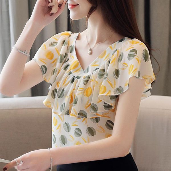 

blusas mujer de moda 2021 women blouses short sleeve shirts ruffles dot print chiffon blouse womens and b263 women's &, White