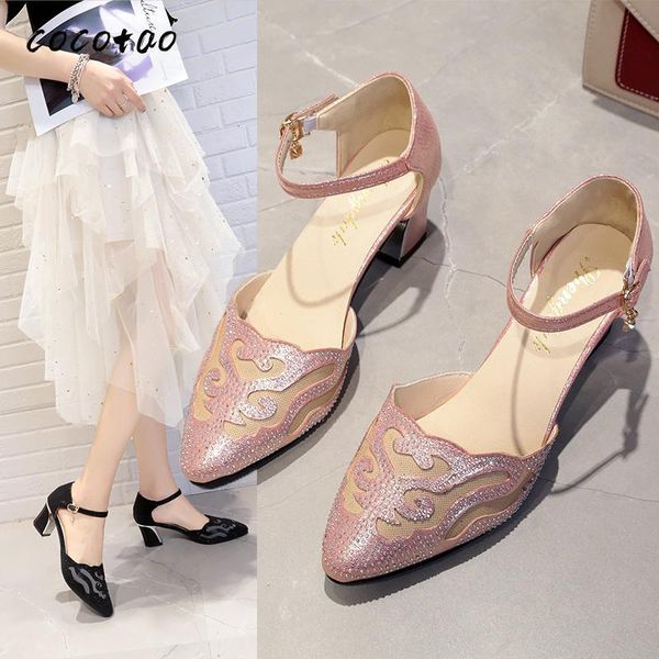 

sandals baotou women 2021 summer casual mid-heel pointed toe bag with hollow rhinestone word buckle thick heel shoes, Black
