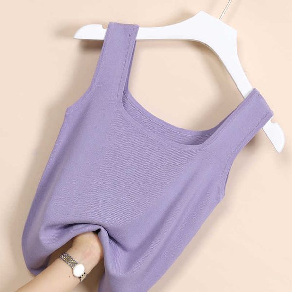 

women's tanks & camis soild ice sik knitted tank women summer 2021 short slim ins fashion square collar sleeveless black, White