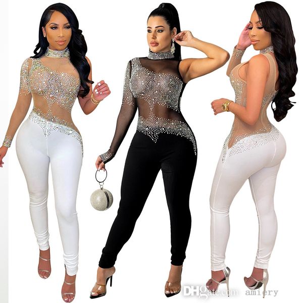 Moda lantejoulas macacões sexy malha quente calças de broca manga longa feminino vestuário formal preto strass franja calças