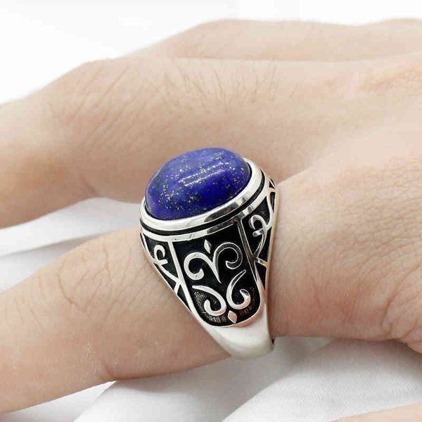 

vintage men's ring with natural lapis lazuli blue stone 925 sterling silver exquisite carving male women turkish health jewelry, Slivery;golden