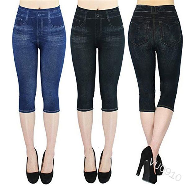 

leggings fashion 2021 seamless imitation denim thin women's high waist leg binding capris, Black