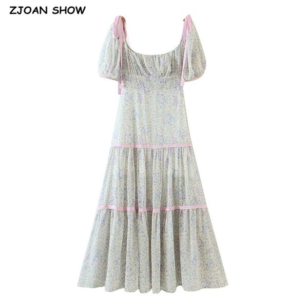 

vintage spliced lace square collar puff short sleeve maxi long dress women floral print cute chiffon holiday 210429, Black;gray