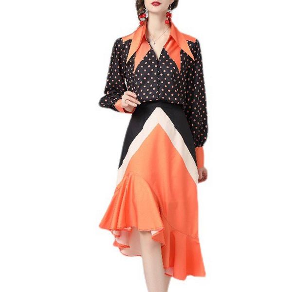 

party dresses garment evening prom women retro shirt + irregular skirt printing 2 pieces sets 2022 spring autumn, White;black