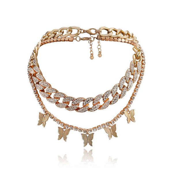 

two layers bling rhintone cuban chain luxury shining tennis butterfly choker jewelry necklac for women, Silver