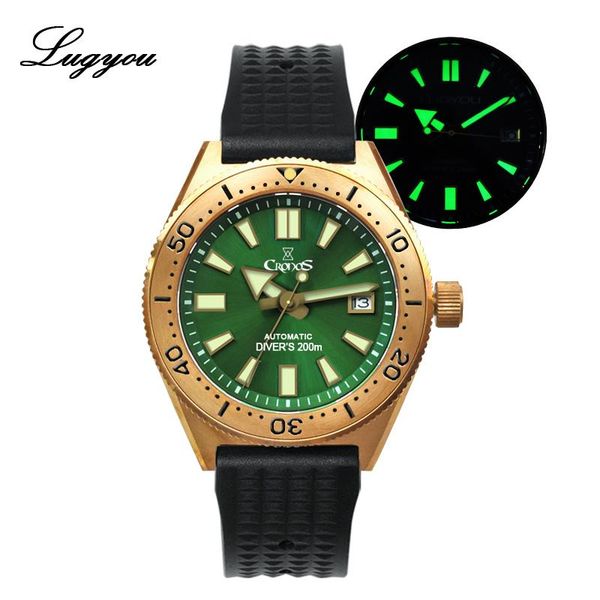 

wristwatches lgy cronos mechanical automatic nh35 men's diver watch bronze cusn8 rotate bezel waffle rubber strap sapphire glass, Slivery;brown