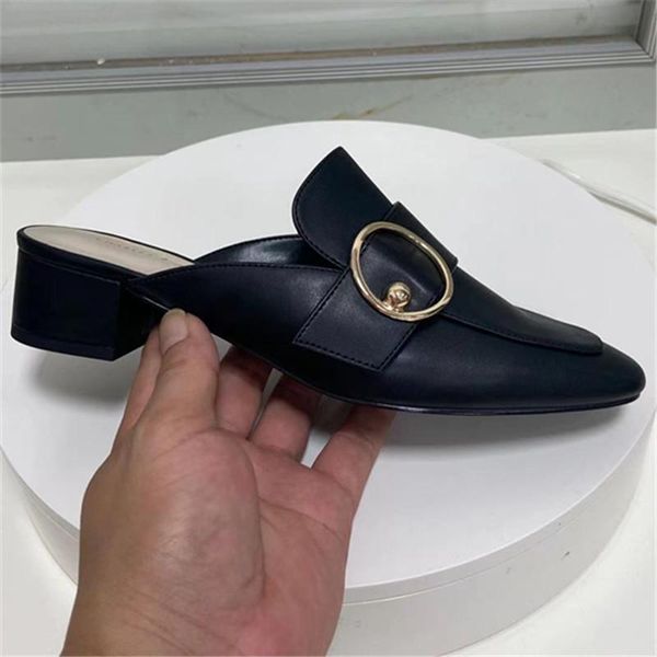 

dress shoes microfiber buckle mules women summer square toe ladies half slippers chunky heel beach sandals flip flops plus size 42 43, Black