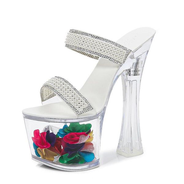 

women's shoes summer transparent super high heel 17cm waterproof platform pearl rhinestone outer slippers, Black