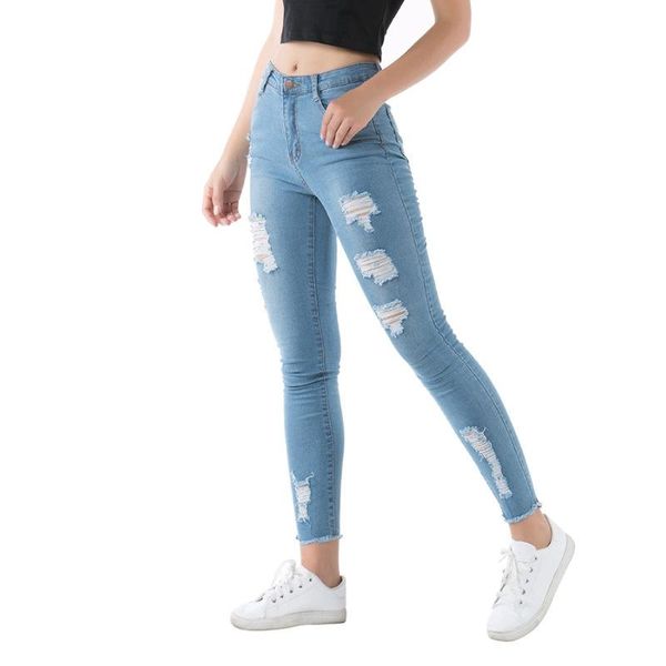 

women's jeans summer fashion ripped hole women denim skinny pants high waist stretch vintage slim pencil ladies casual, Blue