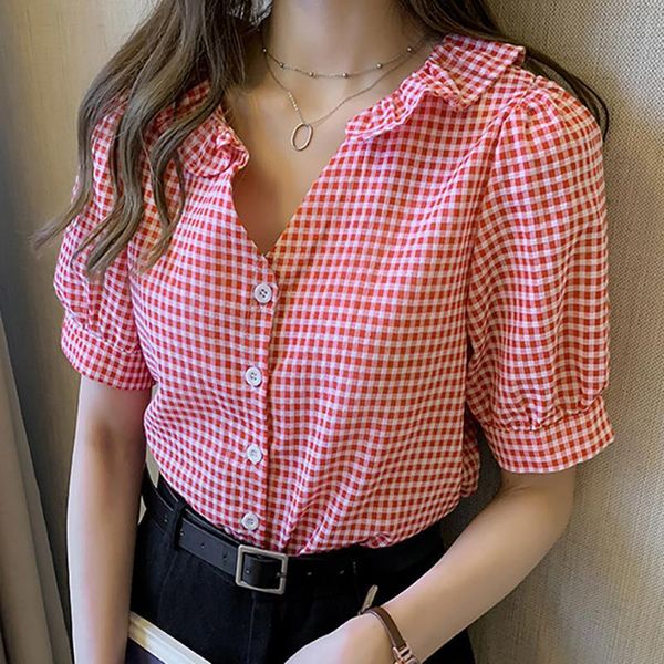

summer plaid single breasted women blouses casual loose wild sweet pink, White