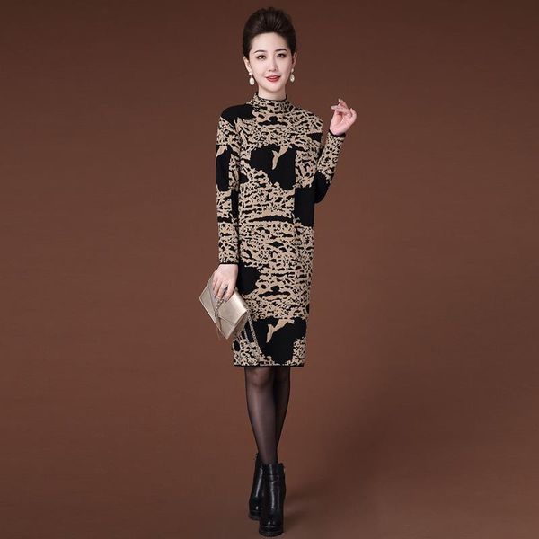 

casual dresses mid-length printed bottoming shirt with half-high collar in one dress 2021 long-sleeved autumn and winter women's clothi, Black;gray